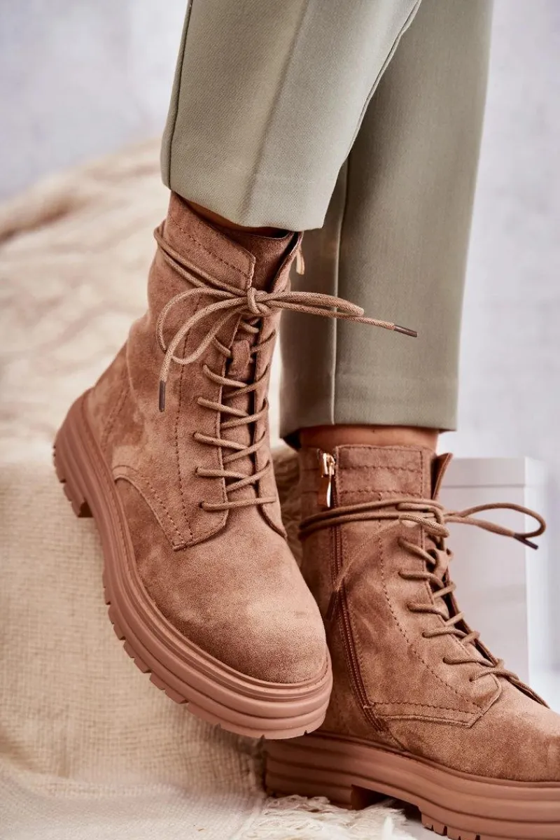 Botki Sznurowane|Czarne Botki>Damskie buty S.Barski Damskie Zamszowe Botki Wiązane Camel Afra