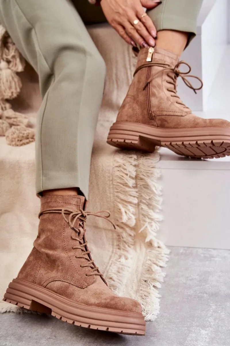 Botki Sznurowane|Czarne Botki>Damskie buty S.Barski Damskie Zamszowe Botki Wiązane Camel Afra