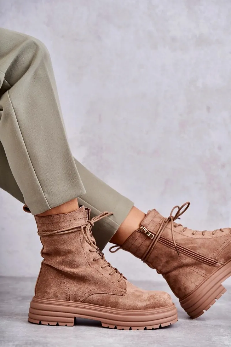 Botki Sznurowane|Czarne Botki>Damskie buty S.Barski Damskie Zamszowe Botki Wiązane Camel Afra