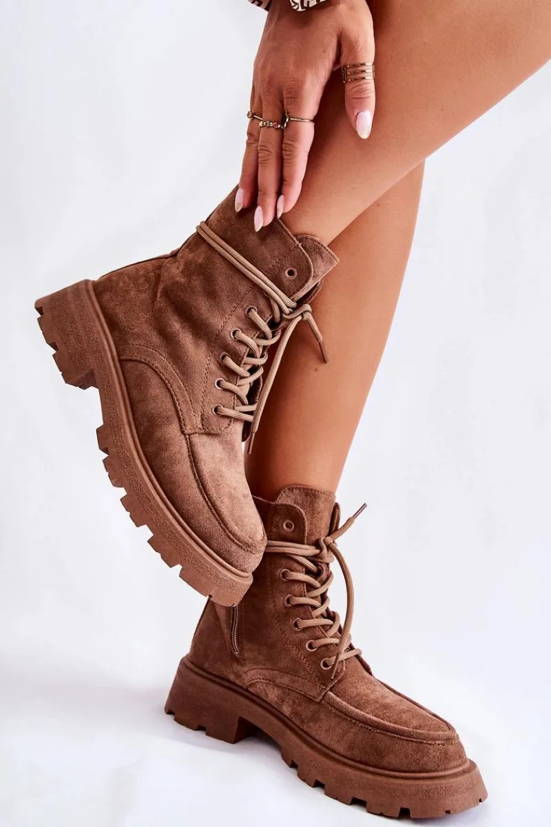 Online Damskie Zamszowe Botki Wiązane Brązowe Vanita Damskie Botki Ocieplane|Botki Sznurowane