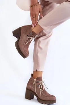 Sale Boto Damskie Zamszowe Botki Wiązane Jasnobrązowe Lemar Marianne