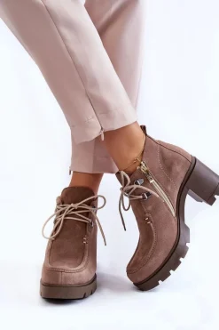 Sale Boto Damskie Zamszowe Botki Wiązane Jasnobrązowe Lemar Marianne