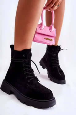 Botki Ocieplane|Botki Sznurowane>Boto Damskie Zamszowe Botki Wiązane Czarne Vanita Czarny