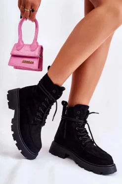 Botki Ocieplane|Botki Sznurowane>Boto Damskie Zamszowe Botki Wiązane Czarne Vanita Czarny