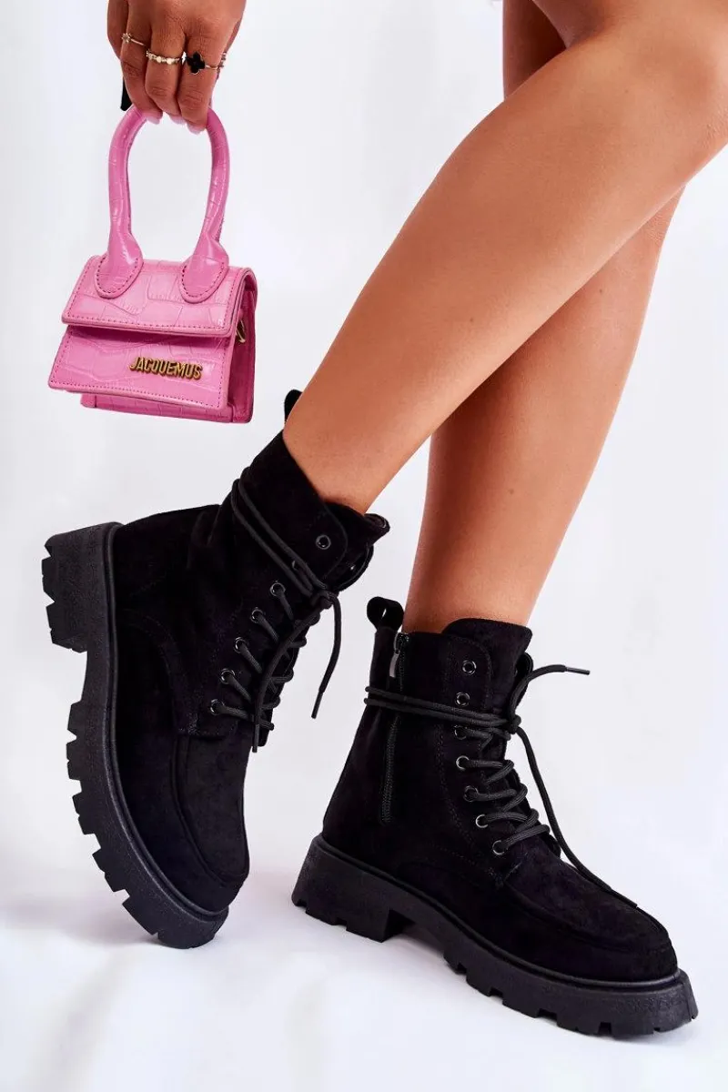 Botki Ocieplane|Botki Sznurowane>Boto Damskie Zamszowe Botki Wiązane Czarne Vanita Czarny