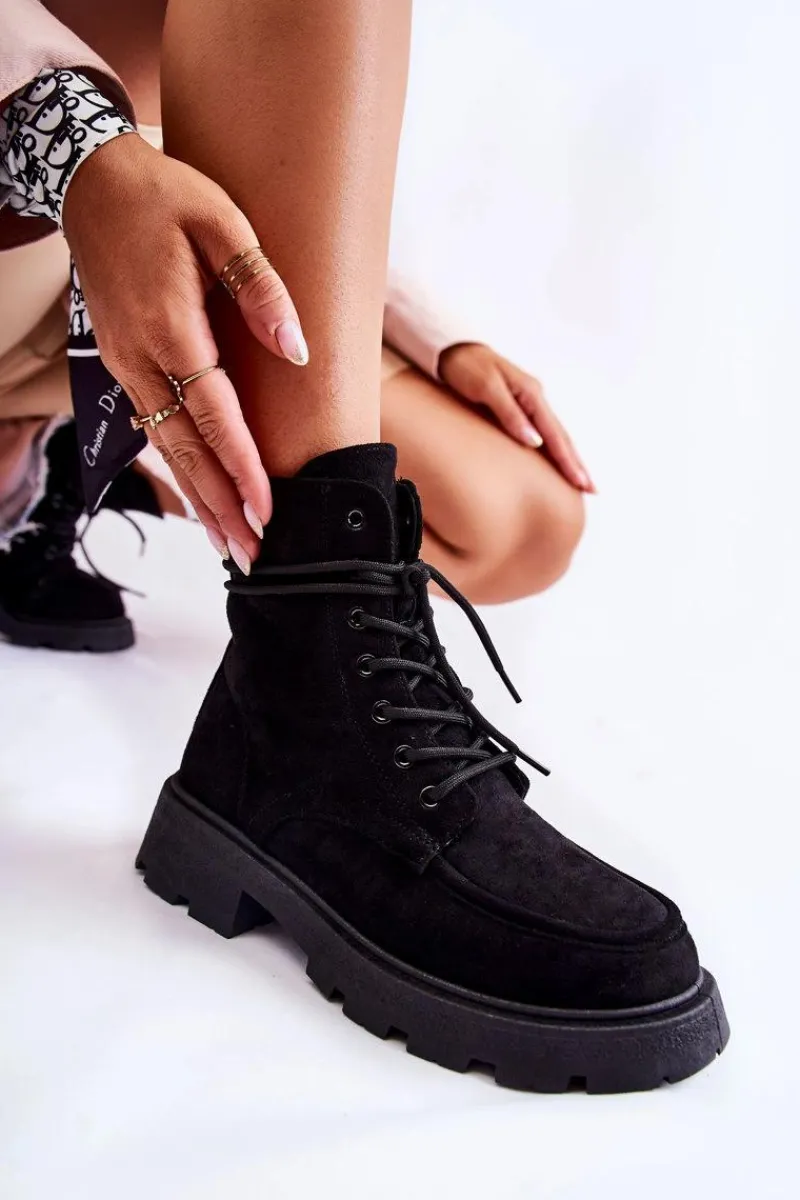 Botki Ocieplane|Botki Sznurowane>Boto Damskie Zamszowe Botki Wiązane Czarne Vanita Czarny