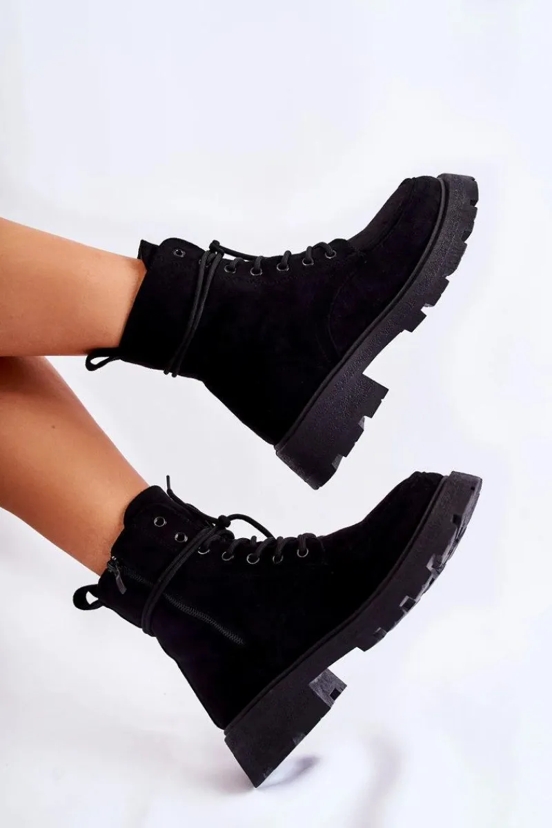 Botki Ocieplane|Botki Sznurowane>Boto Damskie Zamszowe Botki Wiązane Czarne Vanita Czarny