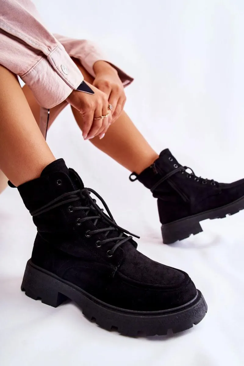 Botki Ocieplane|Botki Sznurowane>Boto Damskie Zamszowe Botki Wiązane Czarne Vanita Czarny