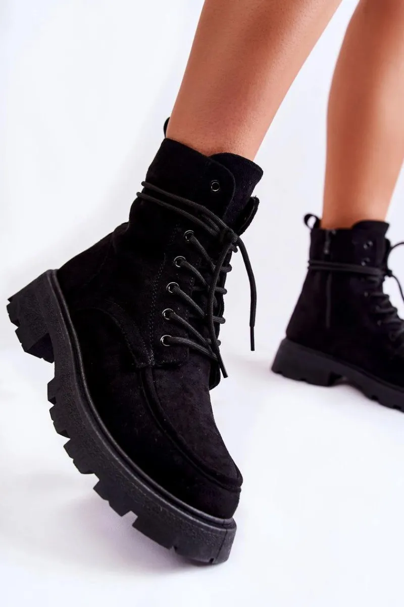 Botki Ocieplane|Botki Sznurowane>Boto Damskie Zamszowe Botki Wiązane Czarne Vanita Czarny