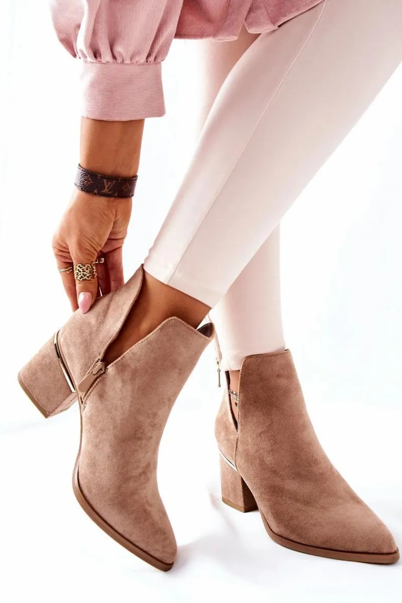 New Damskie Zamszowe Botki Z Wycięciami Khaki Noel Damskie Botki Wiosenne|Botki Na Słupku