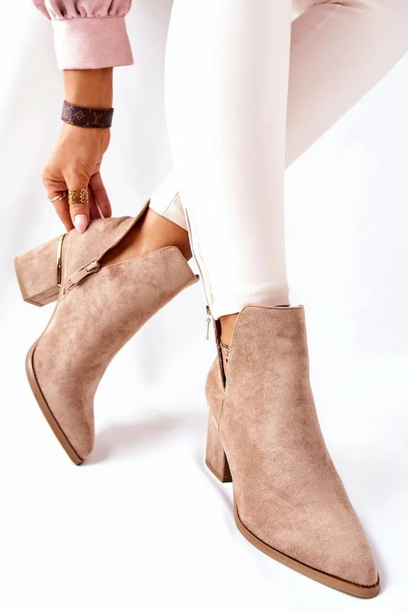 New Damskie Zamszowe Botki Z Wycięciami Khaki Noel Damskie Botki Wiosenne|Botki Na Słupku