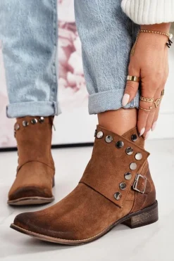 Botki Wiosenne|Brązowe I Beżowe Botki>Boto Damskie Zamszowe Botki Z Klamrą Exquisite 1198 Koniak