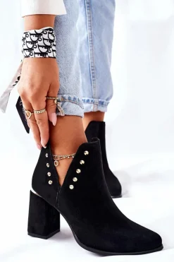 Discount Damskie Zamszowe Botki Z Wycięciami Lewski Czarne 3075 Damskie Botki Wiosenne|Botki Na Słupku