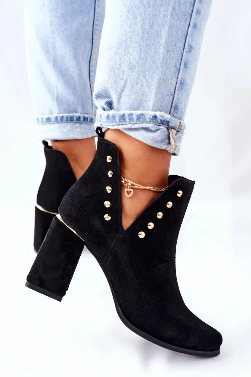 Discount Damskie Zamszowe Botki Z Wycięciami Lewski Czarne 3075 Damskie Botki Wiosenne|Botki Na Słupku