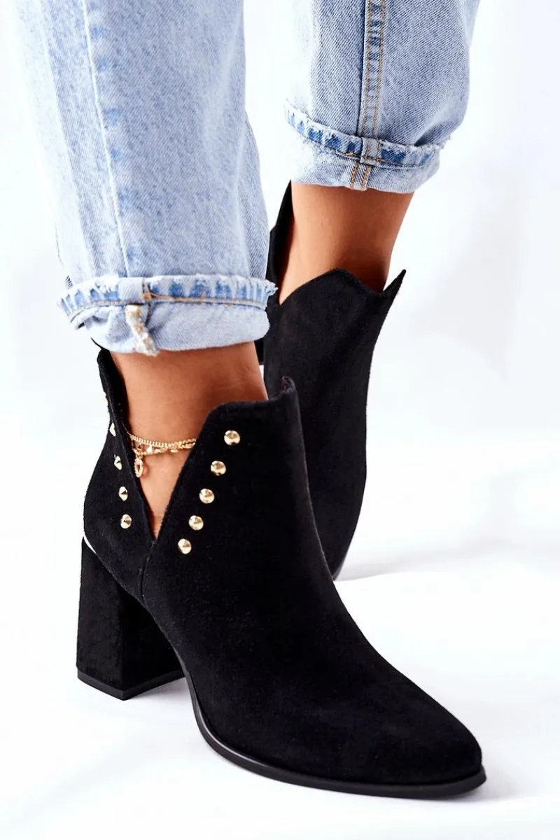 Discount Damskie Zamszowe Botki Z Wycięciami Lewski Czarne 3075 Damskie Botki Wiosenne|Botki Na Słupku