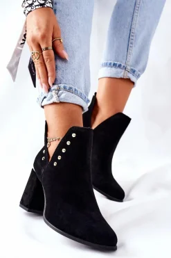 Discount Damskie Zamszowe Botki Z Wycięciami Lewski Czarne 3075 Damskie Botki Wiosenne|Botki Na Słupku