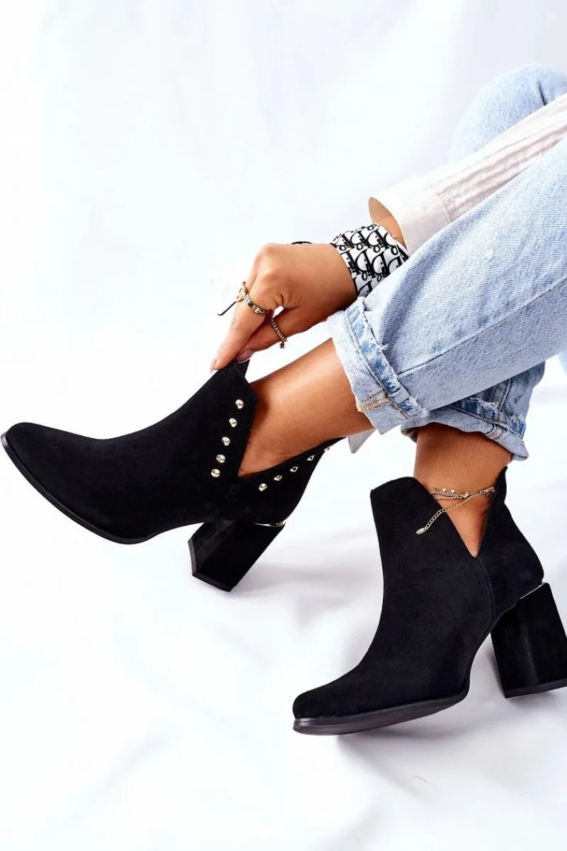Discount Damskie Zamszowe Botki Z Wycięciami Lewski Czarne 3075 Damskie Botki Wiosenne|Botki Na Słupku