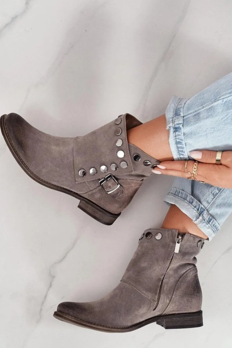 Outlet Damskie Zamszowe Botki Z Klamrą Exquisite 1198 Cappuccino Damskie Botki Wiosenne|Brązowe I Beżowe Botki