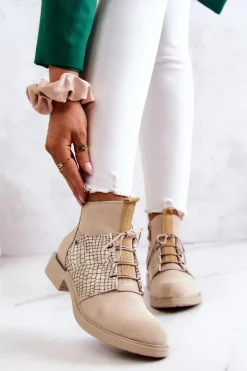 Boto Damskie Zamszowe Botki Z Wężowym Wzorem Jasnobeżowe Lemar Sonroe