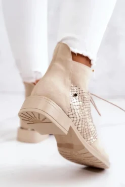 Boto Damskie Zamszowe Botki Z Wężowym Wzorem Jasnobeżowe Lemar Sonroe