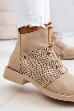 Boto Damskie Zamszowe Botki Z Wężowym Wzorem Jasnobeżowe Lemar Sonroe