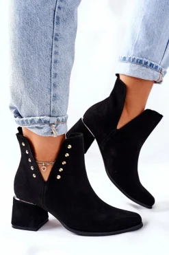 Clearance Damskie Zamszowe Botki Z Wycięciami Lewski Czarne 3074/B Damskie Botki Wiosenne|Botki Na Słupku