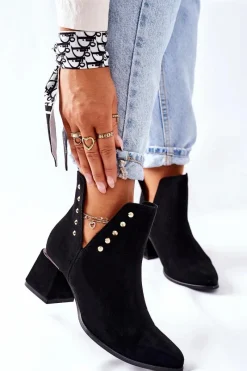 Clearance Damskie Zamszowe Botki Z Wycięciami Lewski Czarne 3074/B Damskie Botki Wiosenne|Botki Na Słupku