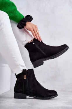 Outlet Damskie Zamszowe Botki Z Ozdobą Czarne Giana Damskie Czarne Botki|Botki Płaskie