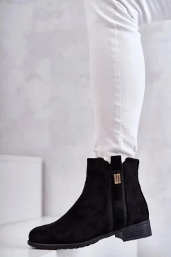 Outlet Damskie Zamszowe Botki Z Ozdobą Czarne Giana Damskie Czarne Botki|Botki Płaskie