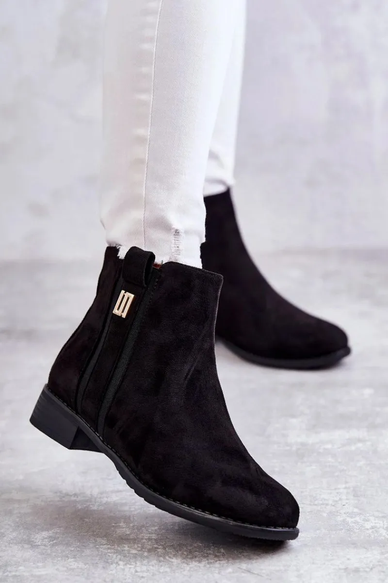 Outlet Damskie Zamszowe Botki Z Ozdobą Czarne Giana Damskie Czarne Botki|Botki Płaskie