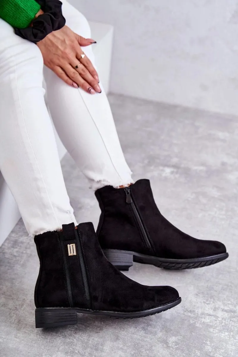 Outlet Damskie Zamszowe Botki Z Ozdobą Czarne Giana Damskie Czarne Botki|Botki Płaskie