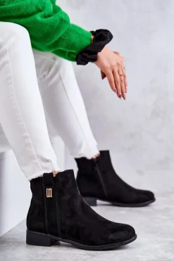 Outlet Damskie Zamszowe Botki Z Ozdobą Czarne Giana Damskie Czarne Botki|Botki Płaskie