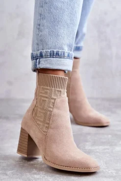 Best Damskie Zamszowe Botki Ze Skarpetą Beżowe Montes Damskie Botki Na Słupku|Botki Zimowe Damskie
