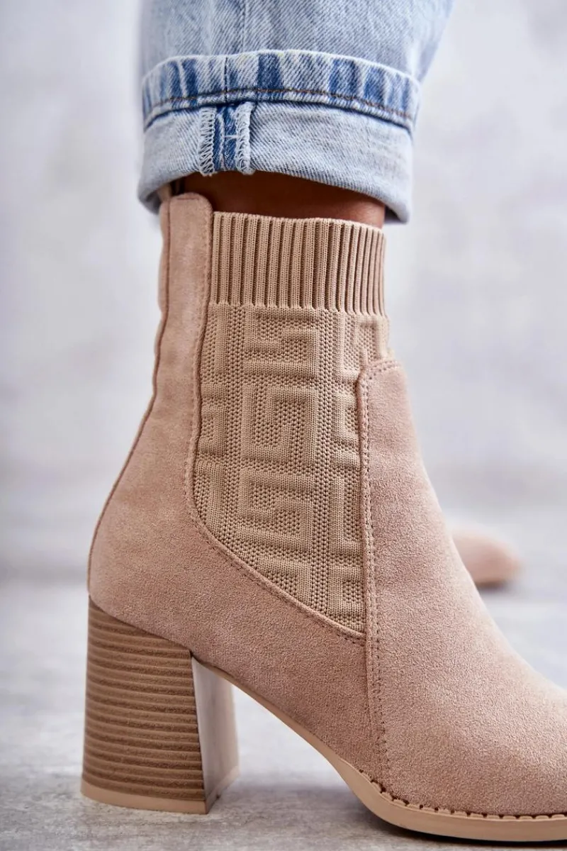 Best Damskie Zamszowe Botki Ze Skarpetą Beżowe Montes Damskie Botki Na Słupku|Botki Zimowe Damskie