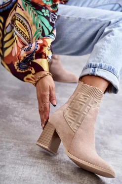 Best Damskie Zamszowe Botki Ze Skarpetą Beżowe Montes Damskie Botki Na Słupku|Botki Zimowe Damskie