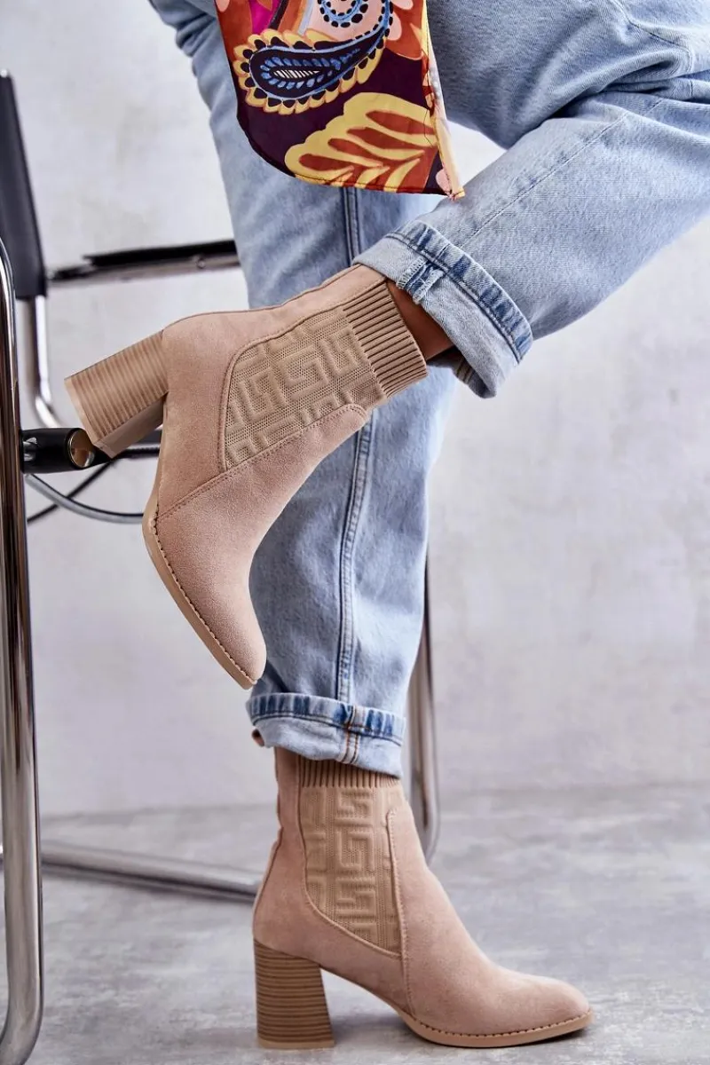 Best Damskie Zamszowe Botki Ze Skarpetą Beżowe Montes Damskie Botki Na Słupku|Botki Zimowe Damskie