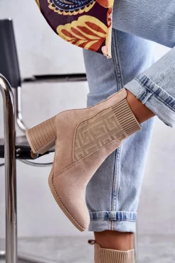 Best Damskie Zamszowe Botki Ze Skarpetą Beżowe Montes Damskie Botki Na Słupku|Botki Zimowe Damskie