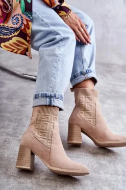 Best Damskie Zamszowe Botki Ze Skarpetą Beżowe Montes Damskie Botki Na Słupku|Botki Zimowe Damskie