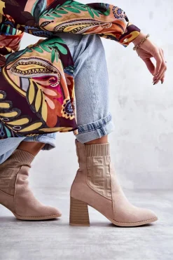 Best Damskie Zamszowe Botki Ze Skarpetą Beżowe Montes Damskie Botki Na Słupku|Botki Zimowe Damskie