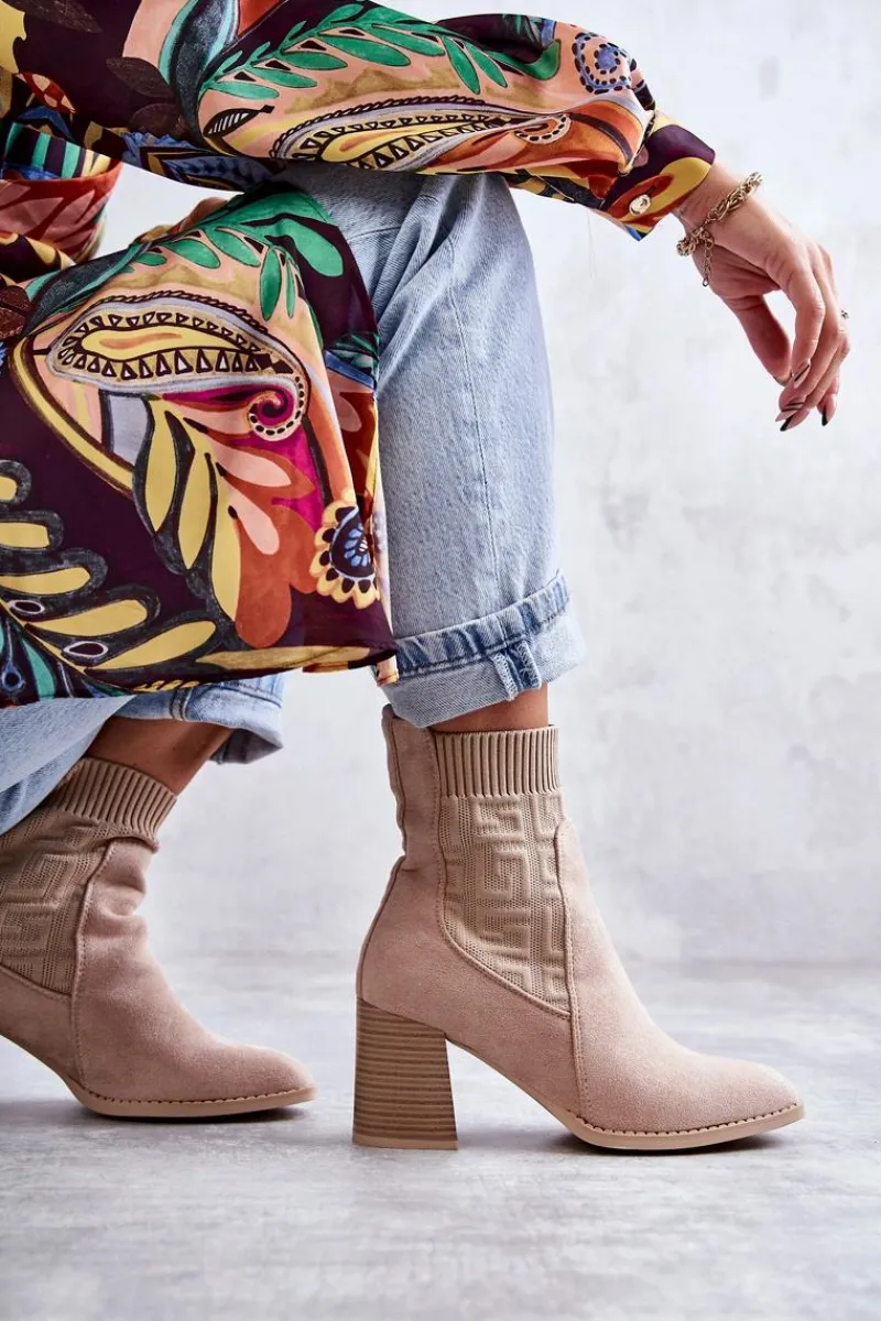 Best Damskie Zamszowe Botki Ze Skarpetą Beżowe Montes Damskie Botki Na Słupku|Botki Zimowe Damskie