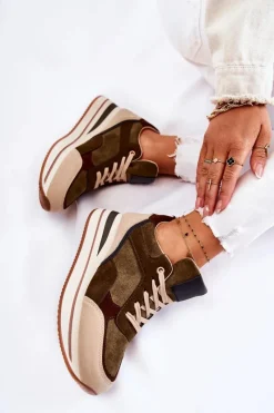 Sneakersy Damskie>Boto Damskie Zamszowe Buty Sportowe Zielono-Beżowe Elisse