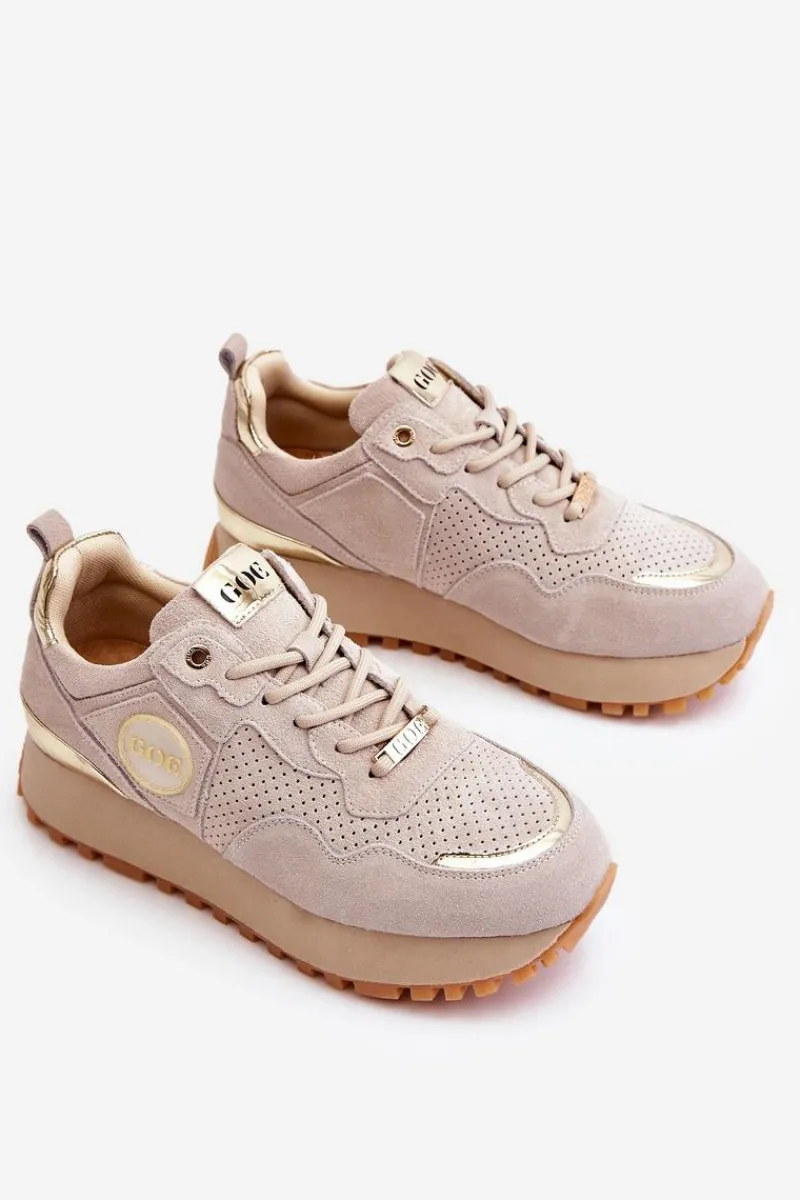 Hot Damskie Zamszowe Buty Sportowe Na Platformie LL2N4001 Beżowe Damskie Sneakersy Damskie