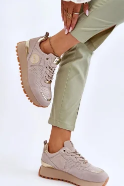Hot Damskie Zamszowe Buty Sportowe Na Platformie LL2N4001 Beżowe Damskie Sneakersy Damskie