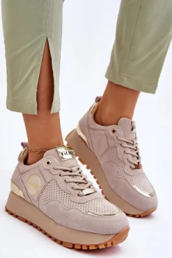 Hot Damskie Zamszowe Buty Sportowe Na Platformie LL2N4001 Beżowe Damskie Sneakersy Damskie