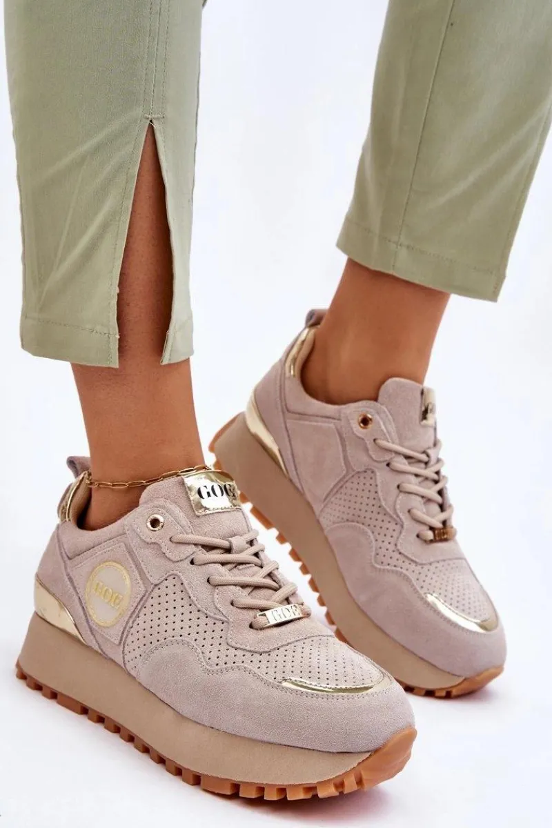 Hot Damskie Zamszowe Buty Sportowe Na Platformie LL2N4001 Beżowe Damskie Sneakersy Damskie