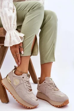 Hot Damskie Zamszowe Buty Sportowe Na Platformie LL2N4001 Beżowe Damskie Sneakersy Damskie