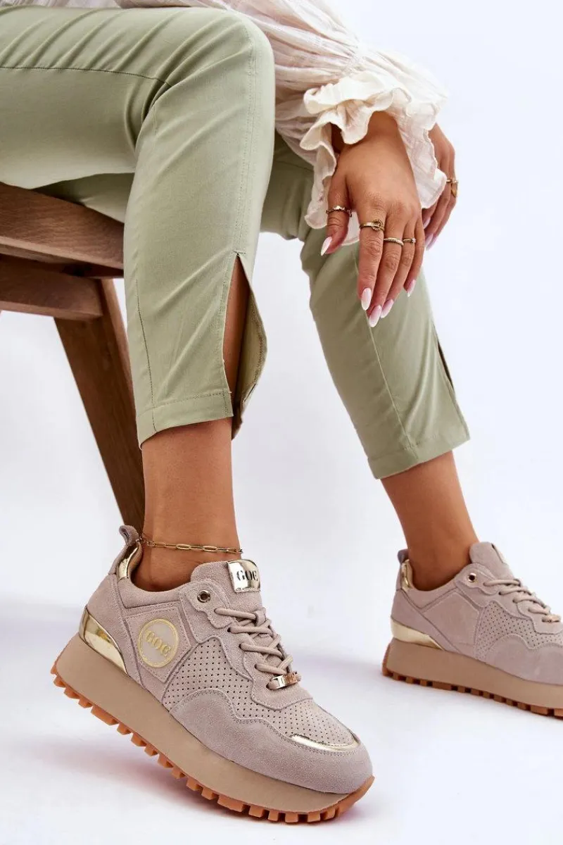 Hot Damskie Zamszowe Buty Sportowe Na Platformie LL2N4001 Beżowe Damskie Sneakersy Damskie