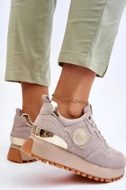 Hot Damskie Zamszowe Buty Sportowe Na Platformie LL2N4001 Beżowe Damskie Sneakersy Damskie