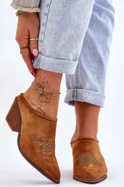 Online Boto Damskie Zamszowe Klapki Kowbojki Camel Romina