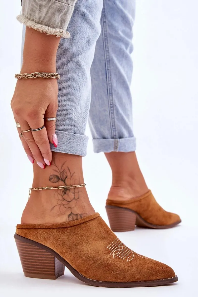 Online Boto Damskie Zamszowe Klapki Kowbojki Camel Romina